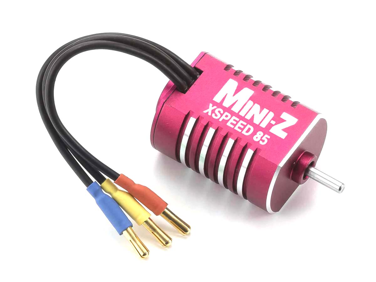 Mini-Z XSPEED 85 brushless motor close-up showing the compact form factor for MR-03 conversion