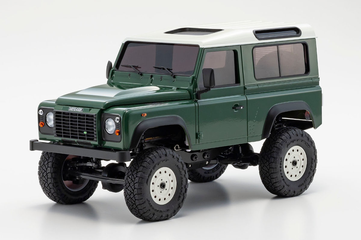 Kyosho MX-01 Mini-Z 4x4 with Land Rover Defender body in Coniston Green — the micro crawler platform